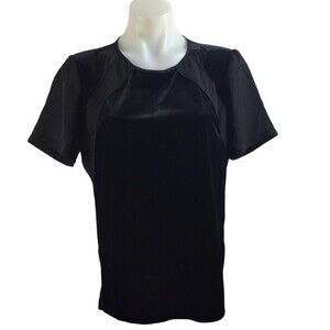 Donna Karan Blouse Short Sleeve Crew Neck Buttons Velvet Blouse Top Black Medium